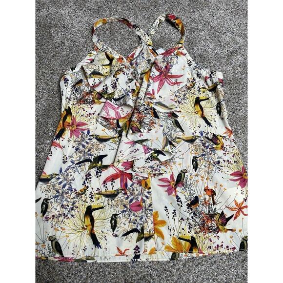 Banana Republic Top Multicolor Ruffled Tank Tropical Bird Print Button Down Sz 6 - Picture 3 of 8